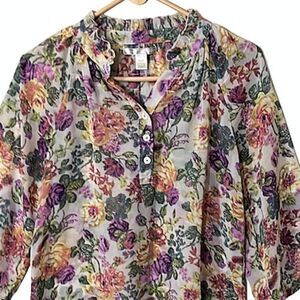 Ya-Da Women Sheer Purple & Yellow Floral Ruffled Popover Blouse 3/4 Sleeve Small